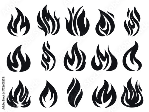 Blazing flames of various shapes. Black silhouette campfire flame set. Burning fire with tongues of flame, clipart. Vector campfire elements