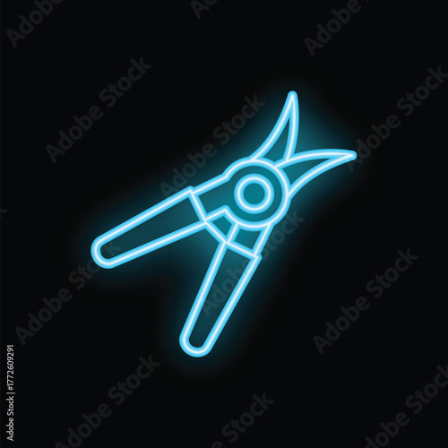 Blue neon icon of secateurs glowing on dark background