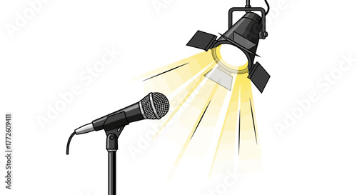 Black Microphone and Spotlight with Bright Yellow Light Illustration.