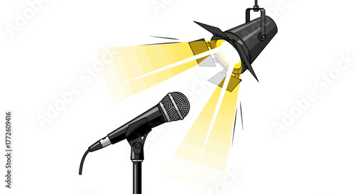 Black Microphone and Spotlight with Bright Yellow Light Beams.