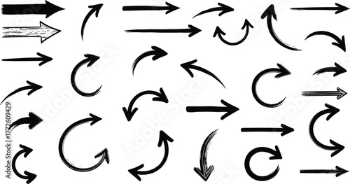 Flat vector illustration of diverse black arrows, curved, straight, looped, brushstroke styles, directional icons for graphic design, UI, infographics