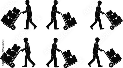 Worker silhouette, hand truck, box transport, delivery labor, logistics icon, moving service, cargo handling, warehouse job, shipping concept, flat vector illustration