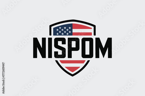 Nispom logo shield with us flag emblem bold text iconic american patriotic symbol graphic design