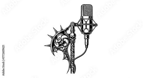 Ornate Microphone with Skull and Spiked Shield Design in Black and White.