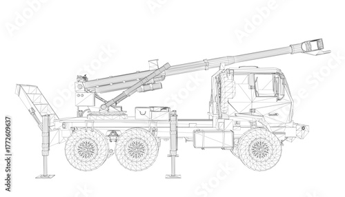 Military rocket launcher truck blueprint in detailed 3D wireframe model on white background. The technical schematic clearly displays all mechanical components and structural framework.