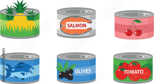 Canned food vector, pineapple, salmon, cherries, fish, olives, tomato, preserved food packaging, grocery item, flat vector illustration