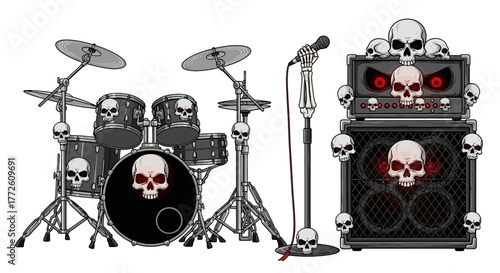 SkullAdorned Rock Band Equipment Drum Set Microphone and Amplifier Stack.