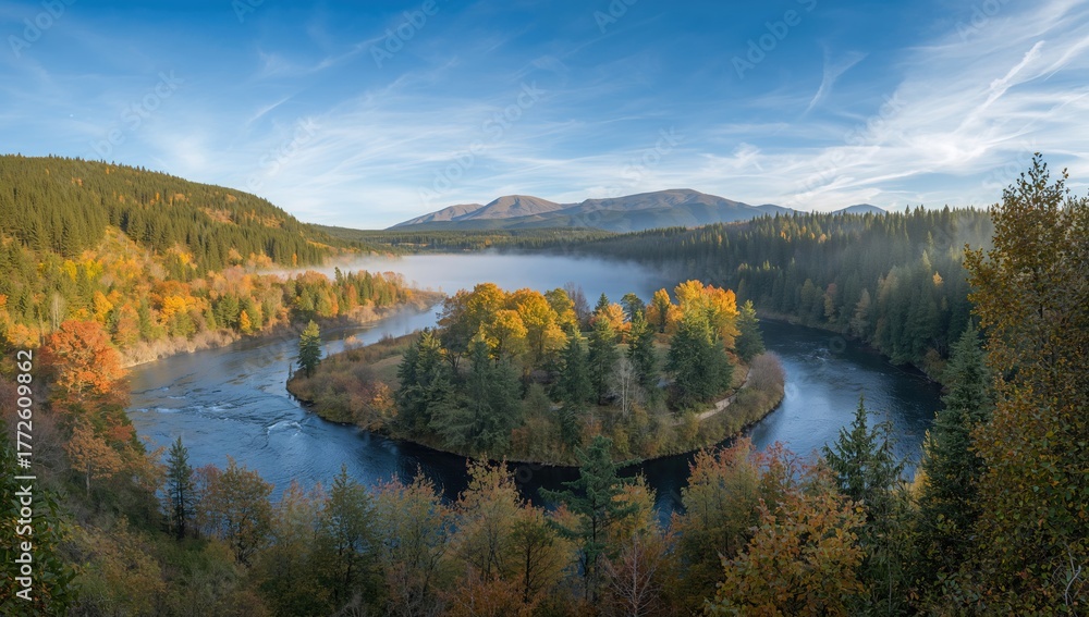 Fototapeta premium Autumn scenery featuring a river and mountains, showcasing seasonal change