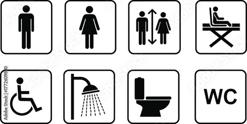 Public restroom icons set, male female toilet signs, shower wheelchair WC symbols, hygiene facility pictograms collection, flat vector illustration