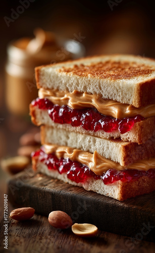 Gourmet toasted peanut butter and jam sandwich stacked high on a rustic dark wooden board