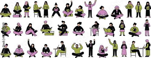 Students studying, reading, learning activities, education concept, teamwork, classroom people, sitting poses, modern style, academic success, flat vector illustration