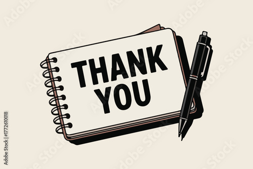 Express gratitude with a 'thank you' note on a spiral notebook with a pen ready to write