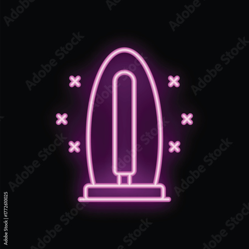 Bright pink neon icon of an ultraviolet air purifier lamp glowing on a dark background