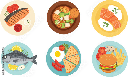 Delicious food variety on plates, grilled salmon, soup, sushi, fish, pizza, burger, breakfast meal collection, international cuisine, flat vector illustration