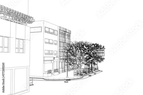 Asian city building with a tree in front, drawn in black and white contour style against a clean white background.