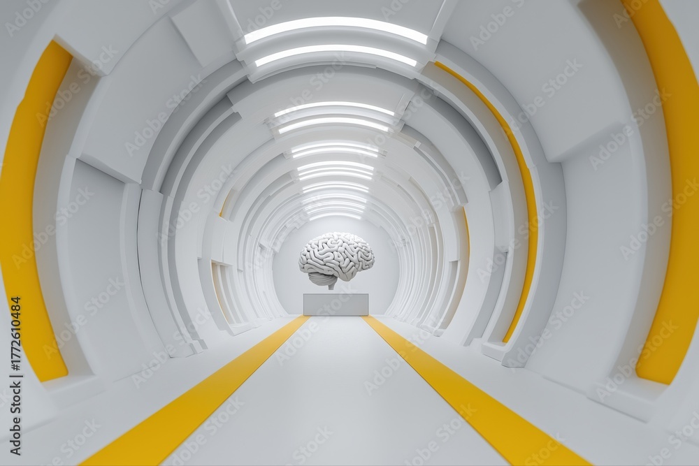 Fototapeta premium Futuristic white tunnel with abstract brain sculpture and yellow accents