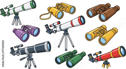 Telescopes and binoculars collection, astronomy observation tools, outdoor exploration equipment, stargazing and birdwatching devices, optical instruments, flat vector illustration