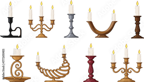 Vintage candle holders collection, decorative candlesticks with burning candles, antique home decor, romantic lighting accessories, elegant design, flat vector illustration