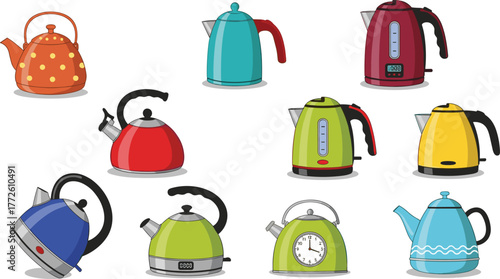 Colorful electric kettles and teapots collection, modern kitchen appliances, boiling water equipment, household tools, beverage makers, flat vector illustration