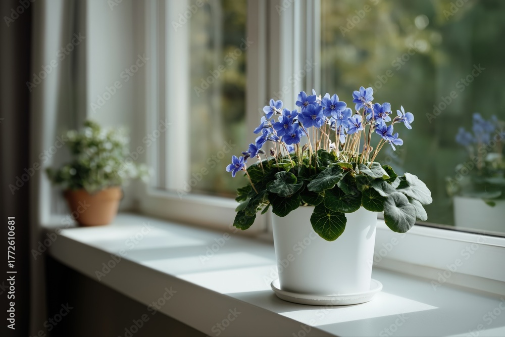 Fototapeta premium Blue flowers in white pot on sunny windowsill