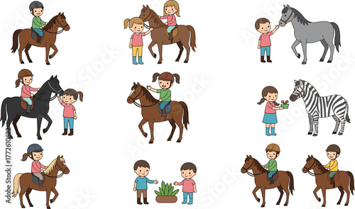 Kids riding horses, children feeding animals, horse care, happy outdoor activity, pony riding, zebra feeding, animal friendship, flat vector illustration
