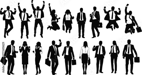 Business people celebrating success, teamwork achievement, corporate professionals jumping with joy, motivation and victory concept, silhouette group illustration, flat vector illustration