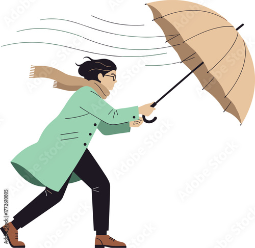 Woman struggling with umbrella in strong wind, bad weather, stormy day, autumn season, windy outdoor scene - flat vector illustration