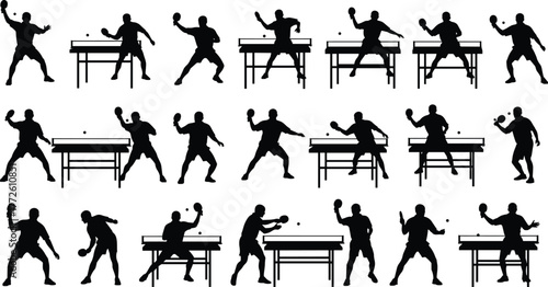 Table tennis player silhouettes practicing ping pong shots, professional sportsmen training at table, racket action poses, competition illustration design - flat vector illustration