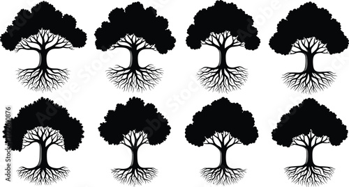 Tree silhouette with roots, nature growth concept, environmental balance, ecosystem design, forest life symbol, black botanical vector art illustration - flat vector illustration