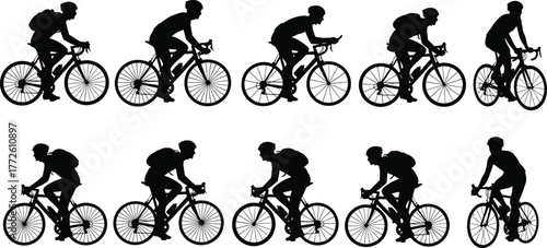 Cyclist silhouette sequence, road bike motion illustration, active lifestyle concept, sports training, cycling posture study, professional rider animation frame, black vector artCyclist
