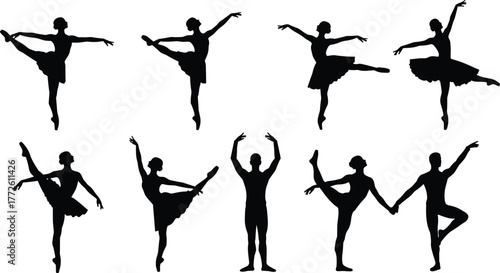 Ballet dancer silhouette, elegant pose, classical dance vector, stage movement, black shape, performance art, graceful motion, isolated illustration, duet form