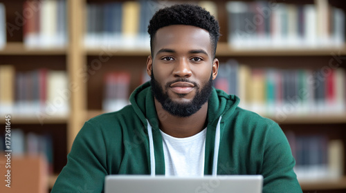 Silent bibliophile echoes, focused young Black man in serene library, capturing Knowledge Days essence, intellectual harmony vibes