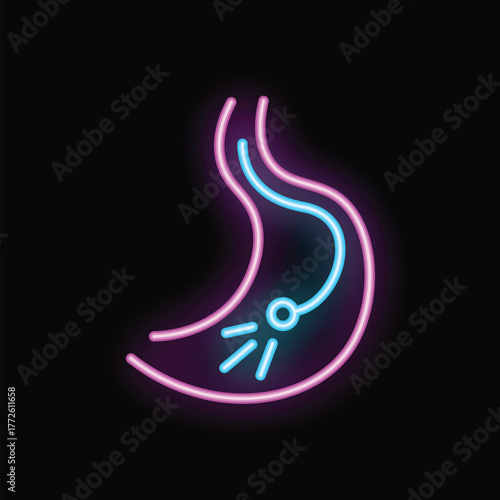 Neon stomach icon glowing on a dark background, symbolizing digestive health and gastroenterology