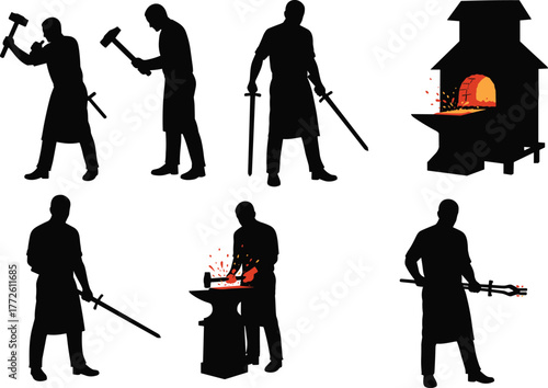 Blacksmith silhouette, hammering metal, forging sword, traditional blacksmithing, fire sparks, anvil work, metal crafting, artisan forge, vintage style, blacksmith tools