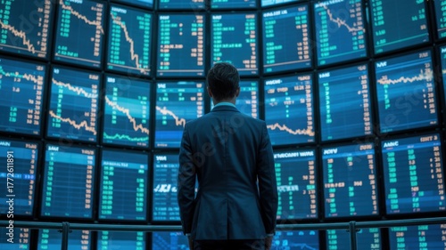 A person observing financial charts on multiple screens. A serious person in business suit looking for investment