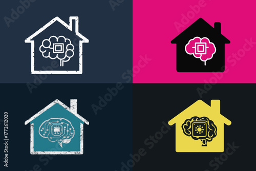 Smart home ai brain house icon pop art style four panel design modern technology concept