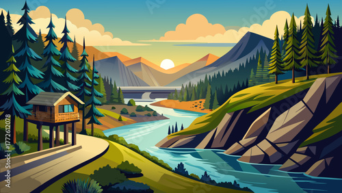 Very beautiful view of the Coeur d'Alene River winding past the Black Rock Trailhead and the scenic Trail of the Coeur d'Alenes near Cataldo, Idaho, along the White Pine Scenic Byway.