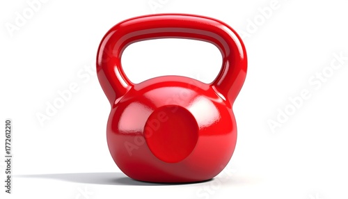Glossy red kettlebell centered on a clean white surface, casting a subtle shadow