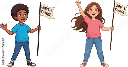Children climate protest, eco awareness, environmental activism, green message, kids holding flags, sustainability campaign, cartoon style, youth advocacy, nature care