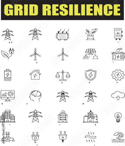 Power Grid Resilience and Energy Management Icons – Clean Outline Style Vector Set for Sustainability and Technology.