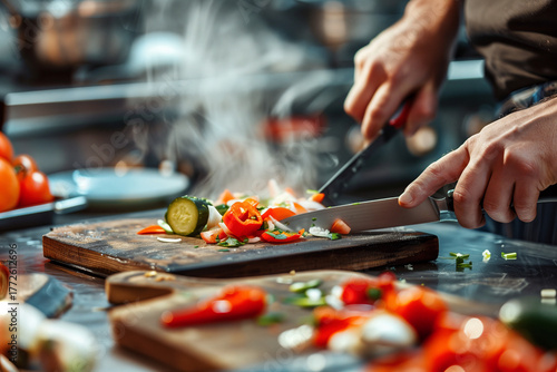 Wallpaper Mural Close-up of a chef’s hands chopping colorful vegetables on a wooden board in a professional kitchen Torontodigital.ca