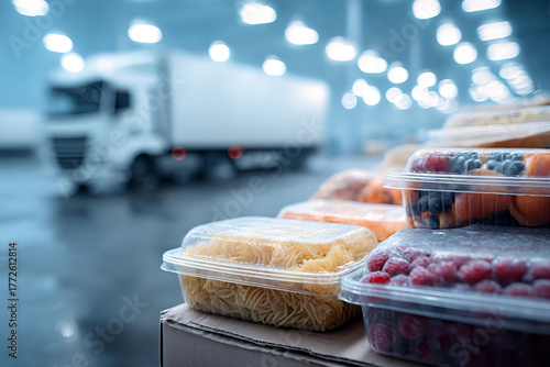 Fresh food items ready for transportation in a modern warehouse environment.