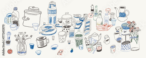 dishes on the table in hand drawn style in vector. Element for design advertisement mail posts poster print postcard banner decor backgrounds