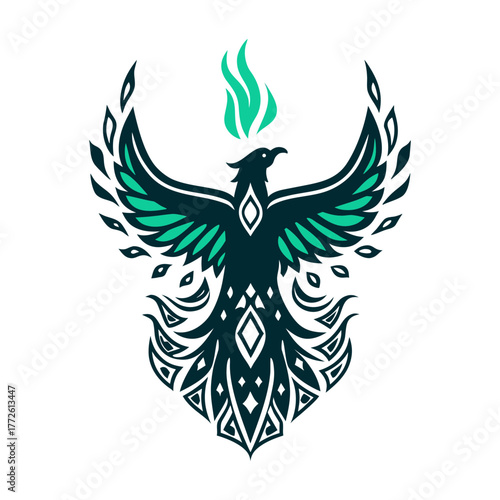 Stylized Phoenix Rising Vector Illustration A solid burnt orange silhouette of a phoenix rising from flames