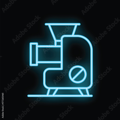 Neon icon of a manual meat grinder glowing blue on a black background, perfect for restaurant, food industry, and vintage kitchen concepts