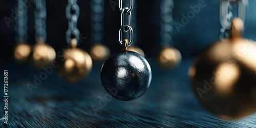 A close-up view of pendulums in motion, highlighting the contrast between metallic spheres and their intricate chain links.