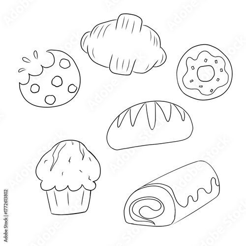 Hand Drawn Outline of Baked Pastries and Sweets
