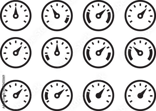 Collection of 12 gauge meter icons representing different readings and measurements