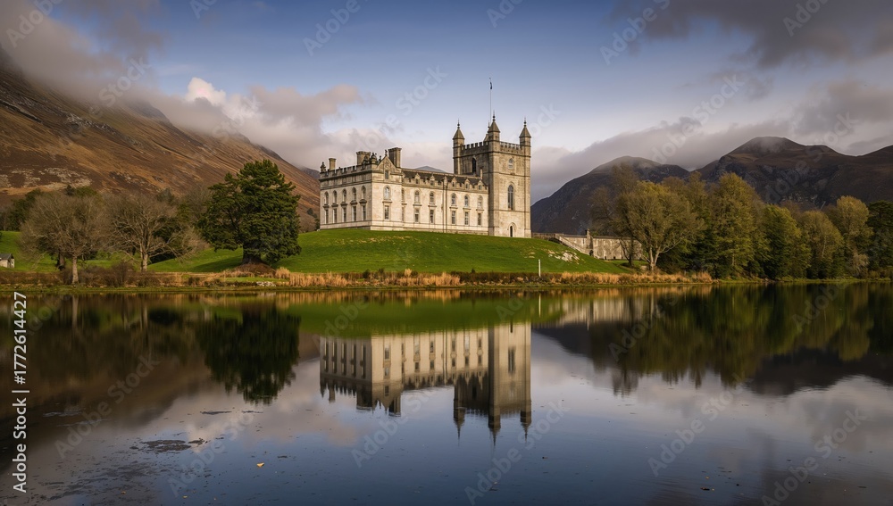 Obraz premium Reflections of a Benedictine Monastery on Serene Waters in a Picturesque Landscape