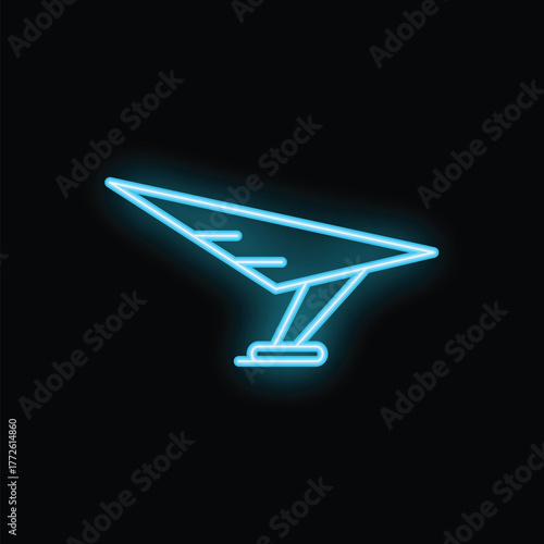 Bright blue neon hang glider glowing on a dark background, perfect for designs related to extreme sports, aviation, and adventure